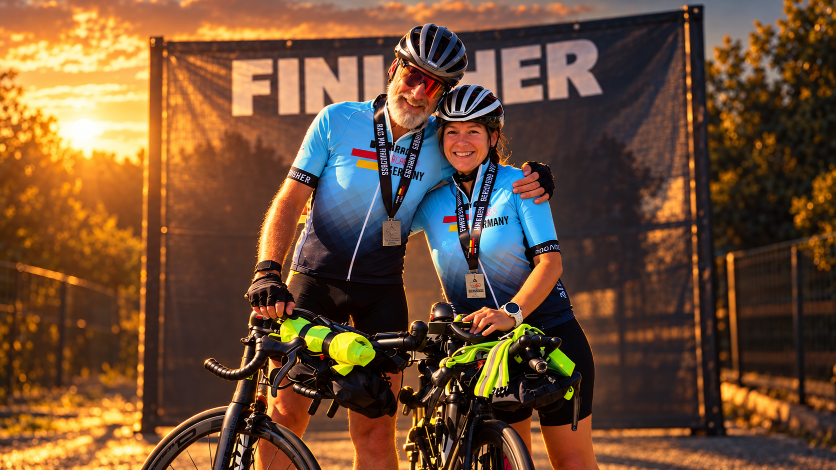 KI-stilisiertes Titelbild nach unserem Originalfoto: Diana und Marco mit Rädern und Medaillen im Ziel beim Race Across Germany