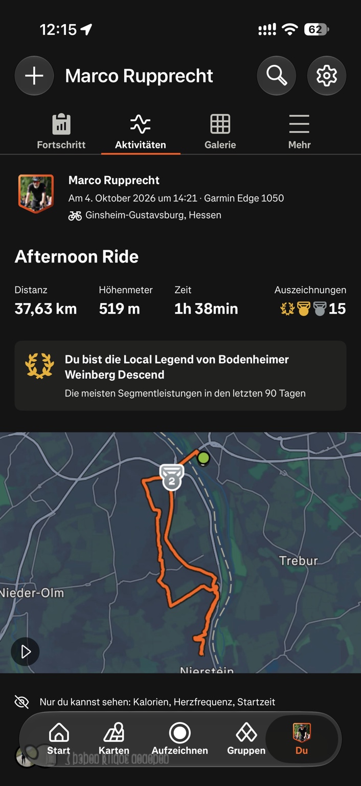 Strava-Tourdaten: 37,63 Kilometer, 519 Höhenmeter und 1 Stunde 38 Minuten am 4. Oktober 2026