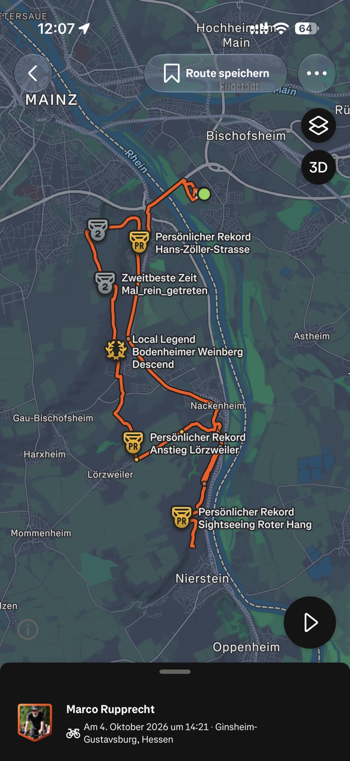 Strava-Karte unserer Trainingsrunde ab Ginsheim durch Rheinhessen bis zum Roten Hang bei Nierstein
