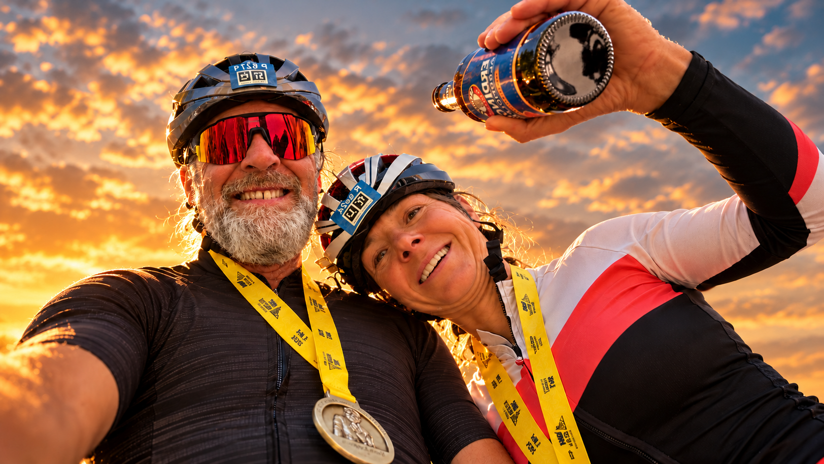 KI-stilisiertes Titelbild nach unserem Originalfoto: Diana und Marco mit Finisher-Medaillen vor warmem Himmel